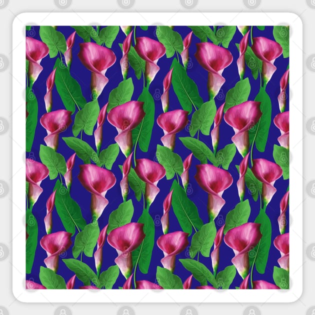 Watercolor Calla Lily Pattern On Blue Background Sticker by Designoholic